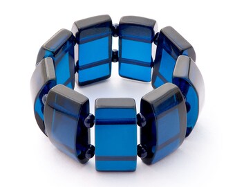 Blue amber ring for women, Stretchable size, Semi Precious Gemstone Ring, Rectangular Beads on Two Elastic Cords