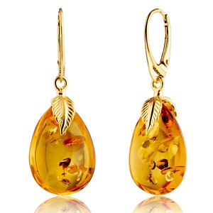 Natural Baltic Amber Drop Earrings for Women, Gold Plated Silver ag925 clasp, Unique Light Cognac Color with Flakes inside, Genuine Amber