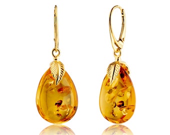 Orecchini Pendenti In Ambra Naturale E Argento 925 Placcato Oro: Gioielli Eleganti E Senza Tempo Per Donna.