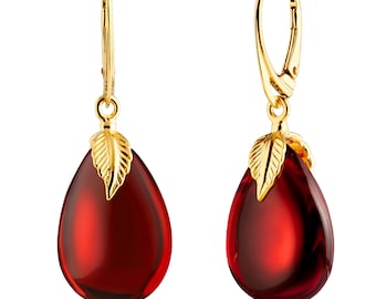 Red amber drop earrings with gold plated sterling silver fitting & lever back closure, Red amber droplet, Dangle amber earrings for her