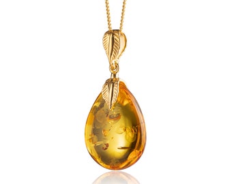 Natural Baltic Amber Pendant, Gold Plated Sterling Silver Fitting, Sparkling Amber droplet with flakes, Cognac Color, Genuine Amber Jewelry