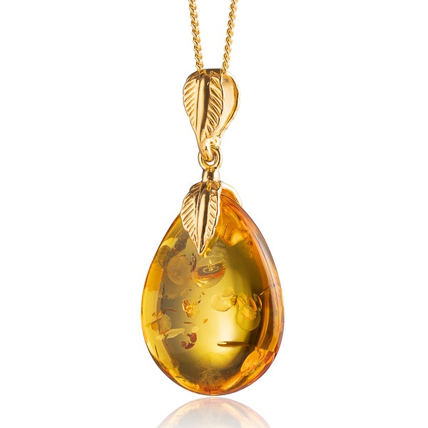 Natural Baltic Amber Pendant, Gold Plated Sterling Silver Fitting, Sparkling Amber droplet with flakes, Cognac Color, Genuine Amber Jewelry