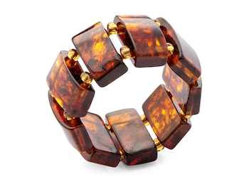 Baltic Amber Ring for Women, Stretchable Size US 8, Semi Precious Gemstone Ring for Her, Rectangular beads on Two Elastic Cords, Unique ring