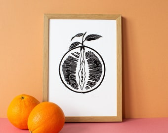 Tutti Frutti Orange | Vulva | Yoni | Linoprint | Linocut | Printmaking | Feminism | Art | Handprinted | Poster | A4 | Blockprint