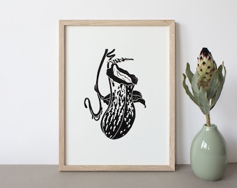 Pitcher vulva | Linocut | Vulva | Yoni | Feminism | Carnivorous plant | Printmaking | Print | Art | Handmade | A3 | A4 | Blockprint