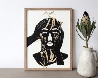 Linoprint | A3 | abstract art | face | Flowers | homemade | hand painted | handmade | art print | Unique | image | poster