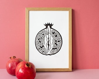 Tutti Frutti Granate | Vulva | Yoni | Linoprint | Linocut | Printmaking | Feminism | Art | Handprinted | Poster | A4 | Blockprint