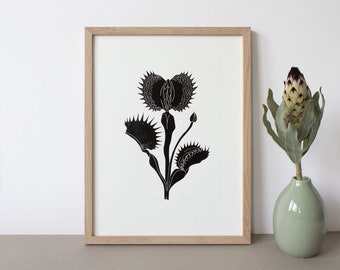 Venus vulvi | Linocut | Vulva | Yoni | Feminism | Carnivorous plant | Printmaking | Print | Art | Handmade | A3 | A4 | Block print