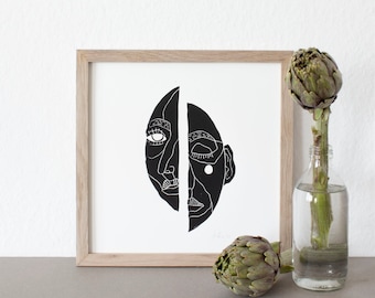 Mask | Linoprint | Linocut | Printmaking | Graphic | Print | Print | Art | Handmade | Handprinted | Poster | A4 | Blockprint