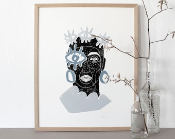 eye woman | Linoprint | Linocut | Printmaking | Graphic | pressure | printed | art | handmade | handprinted | Poster | A3 | block print