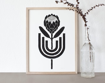 Protea | Lino print | Linocut | Printmaking | Graphic | Print | Print | Art | handmade | handprinted | poster | A3 | Block print