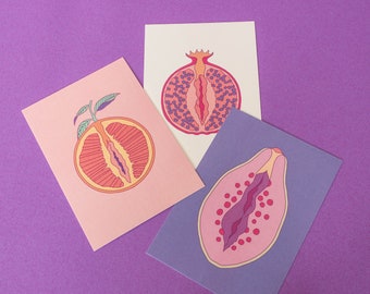 Tutti Frutti Postcard Set | Sexy Fruits | Juicy | Vulva | Yoni | Body Positive Print | Woman Body | Selflove | Spread Love | And Cacti