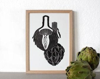 The Artichoke | Vulva | Linocut | Feminism | Linocut | Print | Art | Handprinted | Poster | A4 | Blockprint