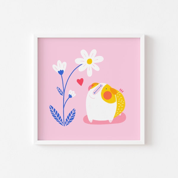 Guinea Pig With Daisy Print | Pink Spring Summer | Cute | Ginger Guinea Pig | Guinea Pig Lover | 8x8"