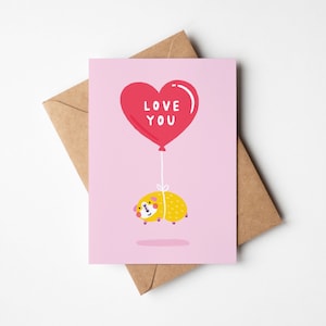 Guinea Pig Balloon Card | Funny | Valentine's Day | Illustration | Love You | A6