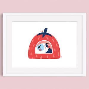 Guinea Pig In Strawberry Bed Print  | Guinea Pig Illustration | Pet Gift | Cute Art | A5