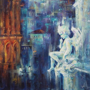 May include: A painting of a white angel statue with wings, sitting on a ledge overlooking a city at night. The city is painted in shades of blue and purple, with a large mosque in the background.