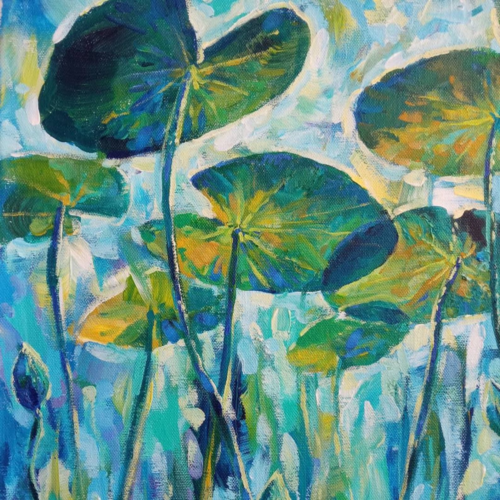 Lily Pond Painting, Water Lilies Pads, Underwater Art, Acrylic Pond