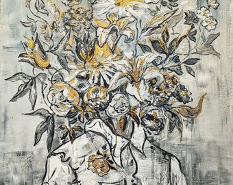 Flower head painting, botanical contemporary monochrome artwork