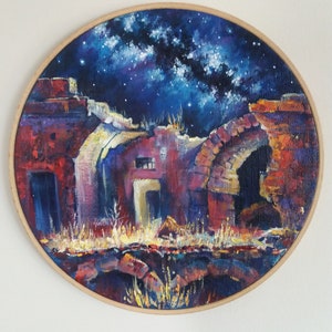 Round cosmic painting, cappadocia artwork, impressionist acrylic painting,Arcs and Stars,acrylic colours on round canvas, milky way artwork