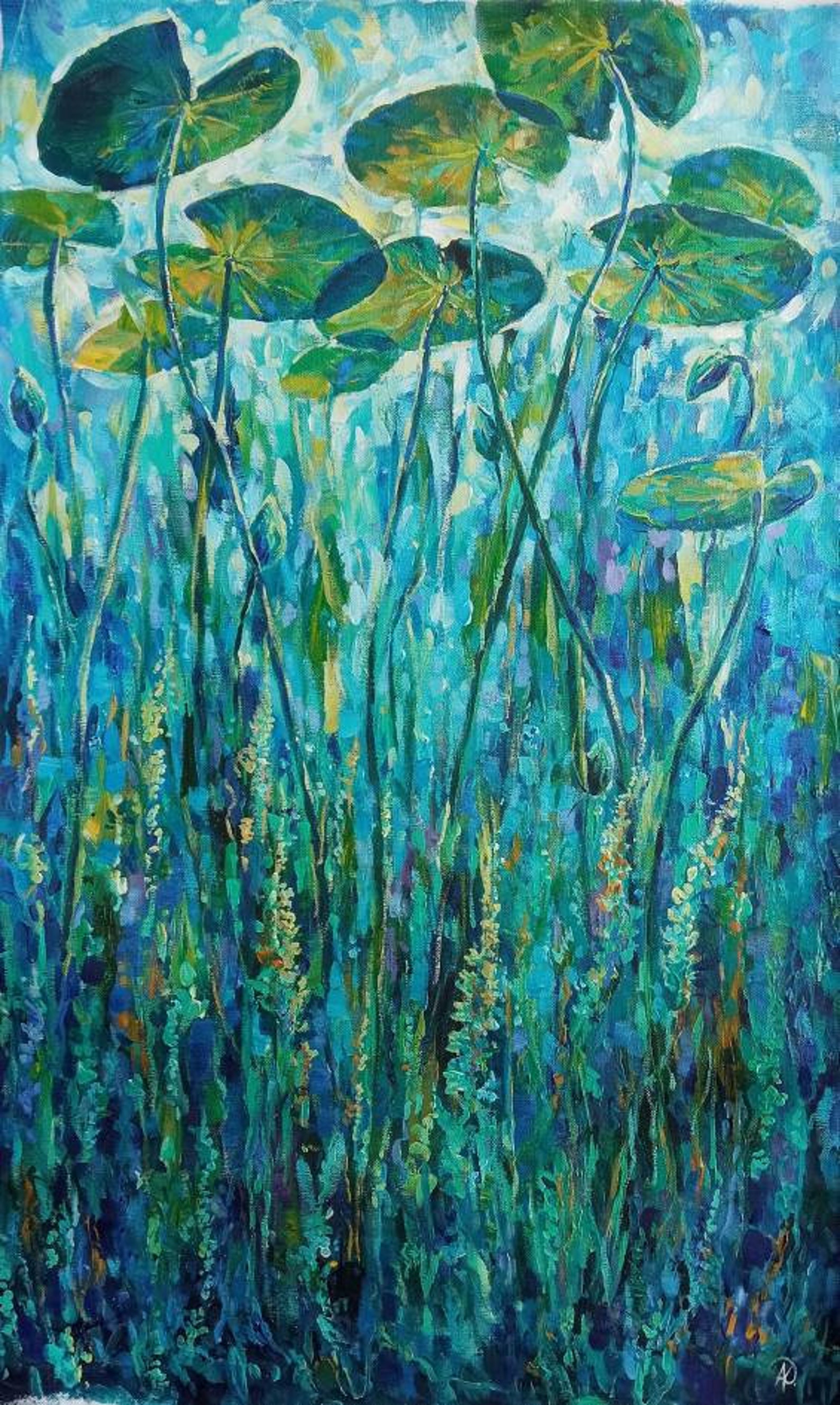 Lily pond painting Water lilies pads underwater art acrylic | Etsy
