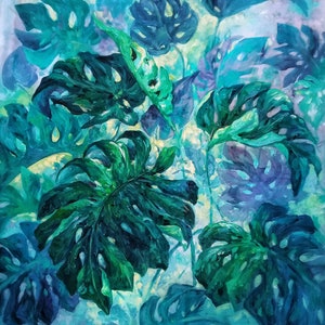 Botanical painting, Monstera leaves impressionist style artwork, original acrylic painting