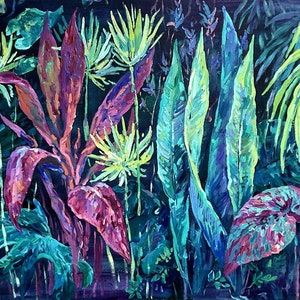 Botanical panorama, acrylic painting, tropical plants artwork
