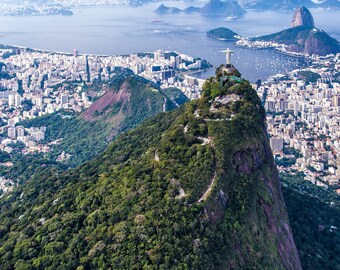 Aerial view of Rio de Janeiro above Corcovado Mountain, overlooking Christ the Redeemer statue Framed Photo Print