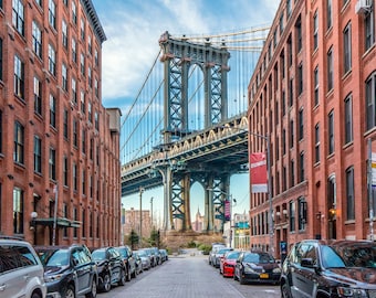 Iconic DUMBO: View of Manhattan Bridge and Empire State Building along Washington Street Framed Photo Print New York City Skyline