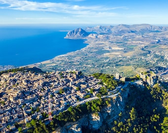 Aerial view of Erice, Sicily, a town on top of a mountain in northwest Sicily, Italy Framed Photo Print