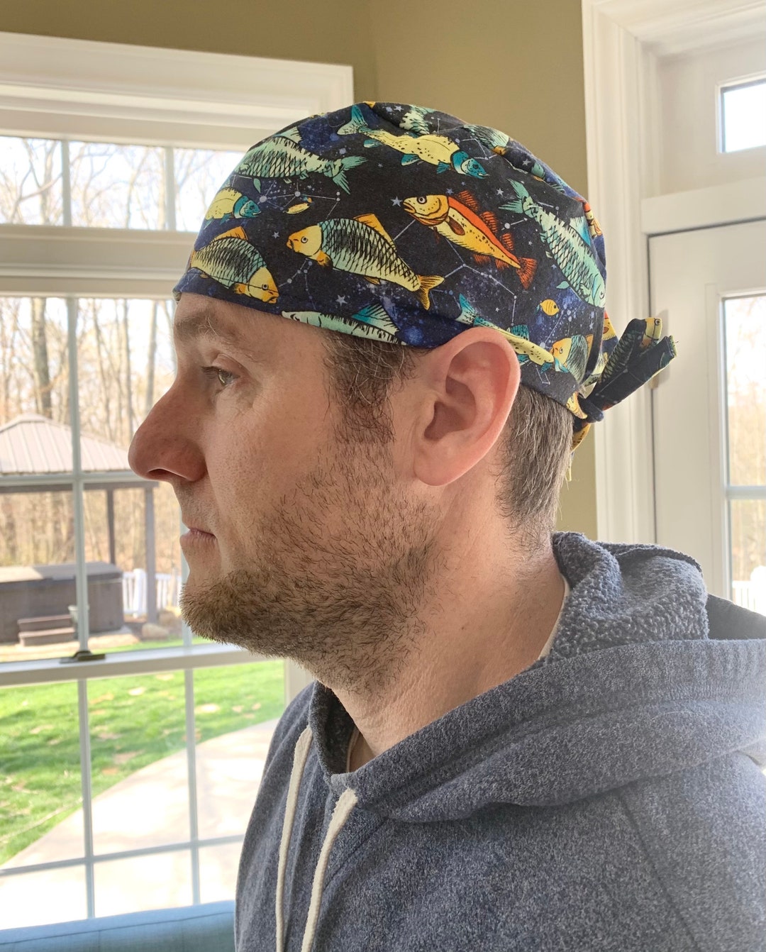 Mens Fishing Trout Salmon Fish Navy Blue Scrub Hat Surgery Etsy