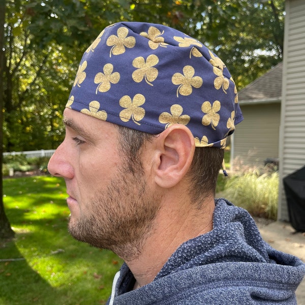 Blue gold shamrock IRISH Notre dame blue gold skull scrub hat surgery surgical cap OR washable cotton men’s