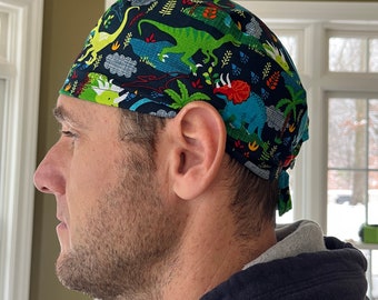 DINOSAURS dinosaur blue green scrub hat surgery surgical cap OR washable cotton mens