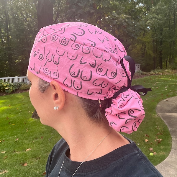 Breast surgeon plastic pink cartoon pony tail ponytail scrub surgical hat cap OR washable cotton plastics womens