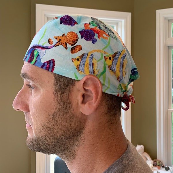 Men’s Sea creatures tropical fish scuba scrub hat surgery surgical cap OR washable cotton