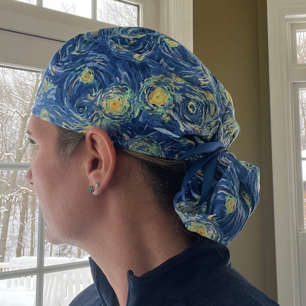 Van Gogh STARRY NIGHT pony tail ponytail scrub surgical hat cap OR washable cotton woman women