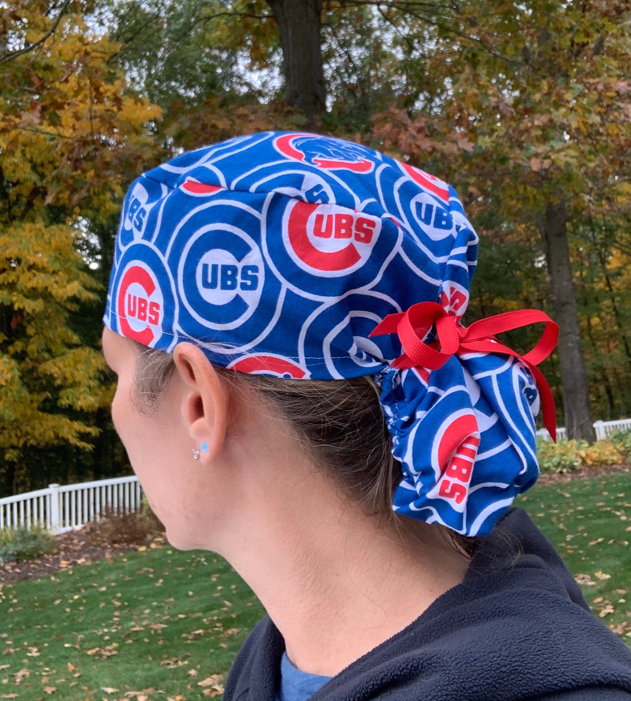 CHICAGO CUBS Blue White Red Pony Tail Ponytail Scrub Surgical 