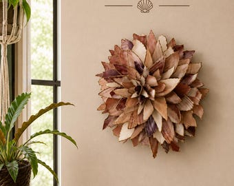 Väggdekor med snäckskal och blomma | Sanibel-snäckskonst | Väggbonad med kustnära bohemisk stil | Gåva med strandhus | 20 cm | Guldkant
