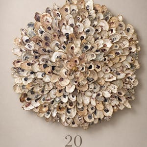 May include: A circular wall art piece composed of numerous layered oyster shells in shades of beige, cream, and dark brown, arranged in a radial pattern. The text 20 INCHES is printed below the shell arrangement, accompanied by a small shell icon.