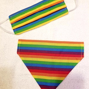 May include: A rainbow-striped face mask with white elastic ear loops and a matching triangular pet bandana. The mask and bandana feature horizontal stripes in red, orange, yellow, green, blue, and purple. Both items are made of fabric.