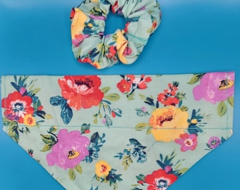 Floral Dog and Cat Bandana with Optional Personalization, Bow, Bowtie, and Hair Scrunchie (Pale Green)