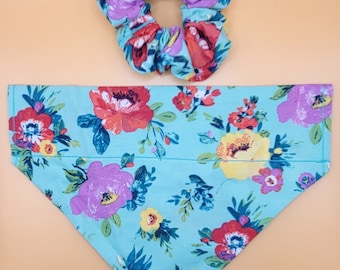 Floral Dog and Cat Bandana with Optional Personalization, Bow, Bowtie, and Hair Scrunchie (Blue)