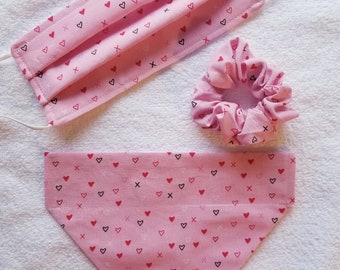 Pink Heart Dog Bandana with Bow, Bowtie, and Hair Scrunchie