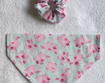 Pink Pig Dog and Cat Bandana with Optional Personalization,  Bow, Bowtie, Matching Mask, and Hair Scrunchie