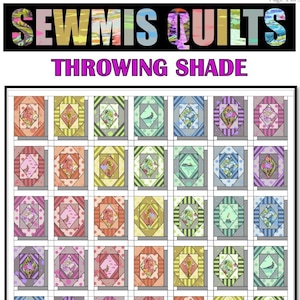 Pode incluir: Um edredom colorido intitulado "Throwing Shade" da SewMisQuilts, com tecidos Everglow & True Colors-Neon de Tula Pink. O edredom é composto por numerosos blocos quadrados de várias cores, cada um com um design de diamante central. O edredom mede 181.6 cm x 194.3 cm.