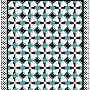 May include: A geometric quilt with a repeating pattern of white, black, and teal shapes. The central design features starburst and diamond motifs. The border is black with white polka dots, creating a striking contrast.
