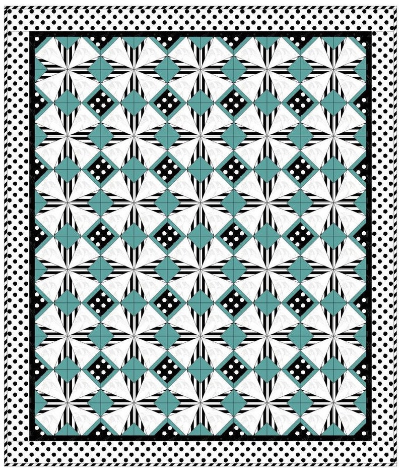 May include: A geometric quilt with a repeating pattern of white, black, and teal shapes. The central design features starburst and diamond motifs. The border is black with white polka dots, creating a striking contrast.