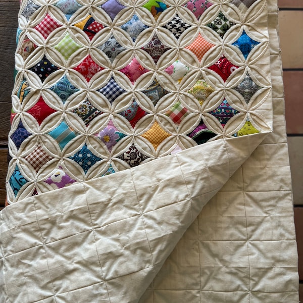 Amazing Vintage Cathedral Window Quilt, all hand made, fussy cut, pristine condition, approx 96” x 82”