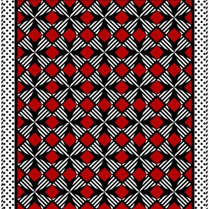 May include: A square quilt with a bold geometric pattern. The design features alternating red diamonds and black and white striped and cross-hatched squares. A white border with black polka dots frames the central pattern.