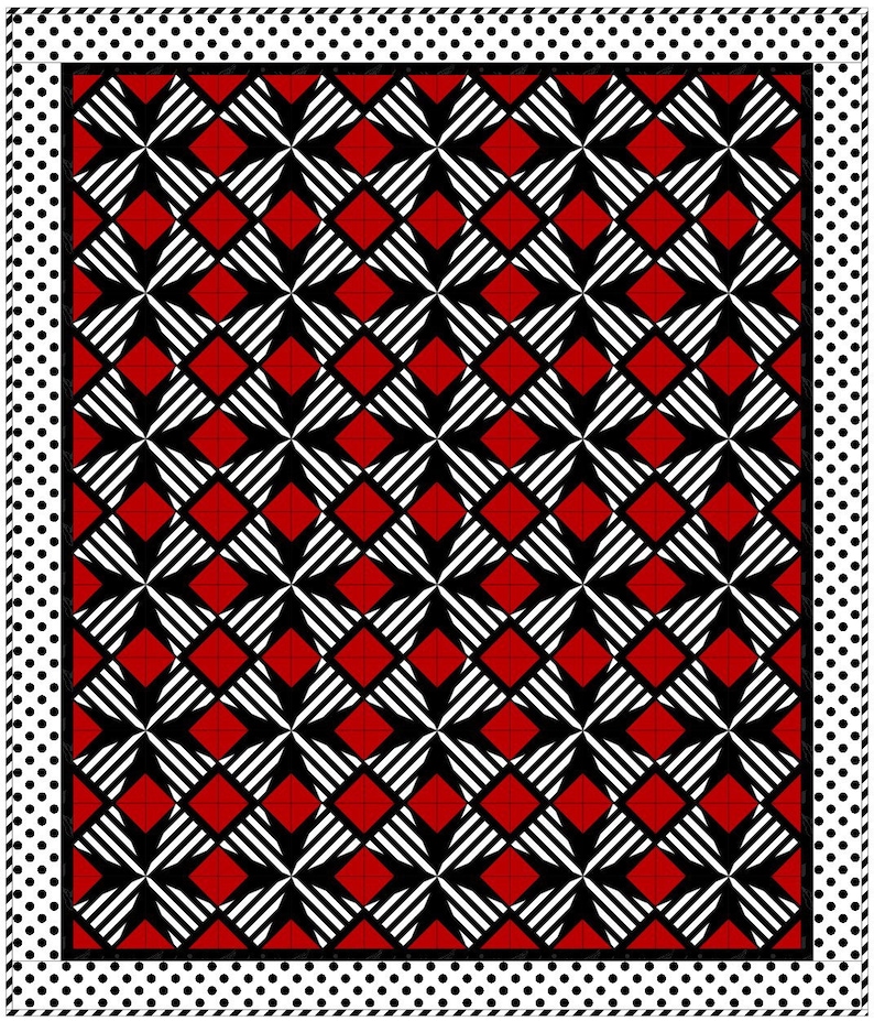 May include: A square quilt with a bold geometric pattern. The design features alternating red diamonds and black and white striped and cross-hatched squares. A white border with black polka dots frames the central pattern.